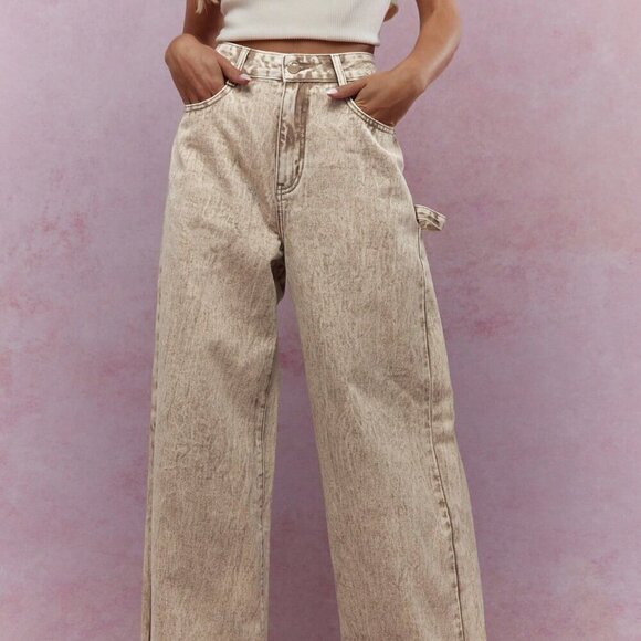 Khaki Casual Women's Washed Folded Hem Straight Leg Jeans - Picture 2 of 4